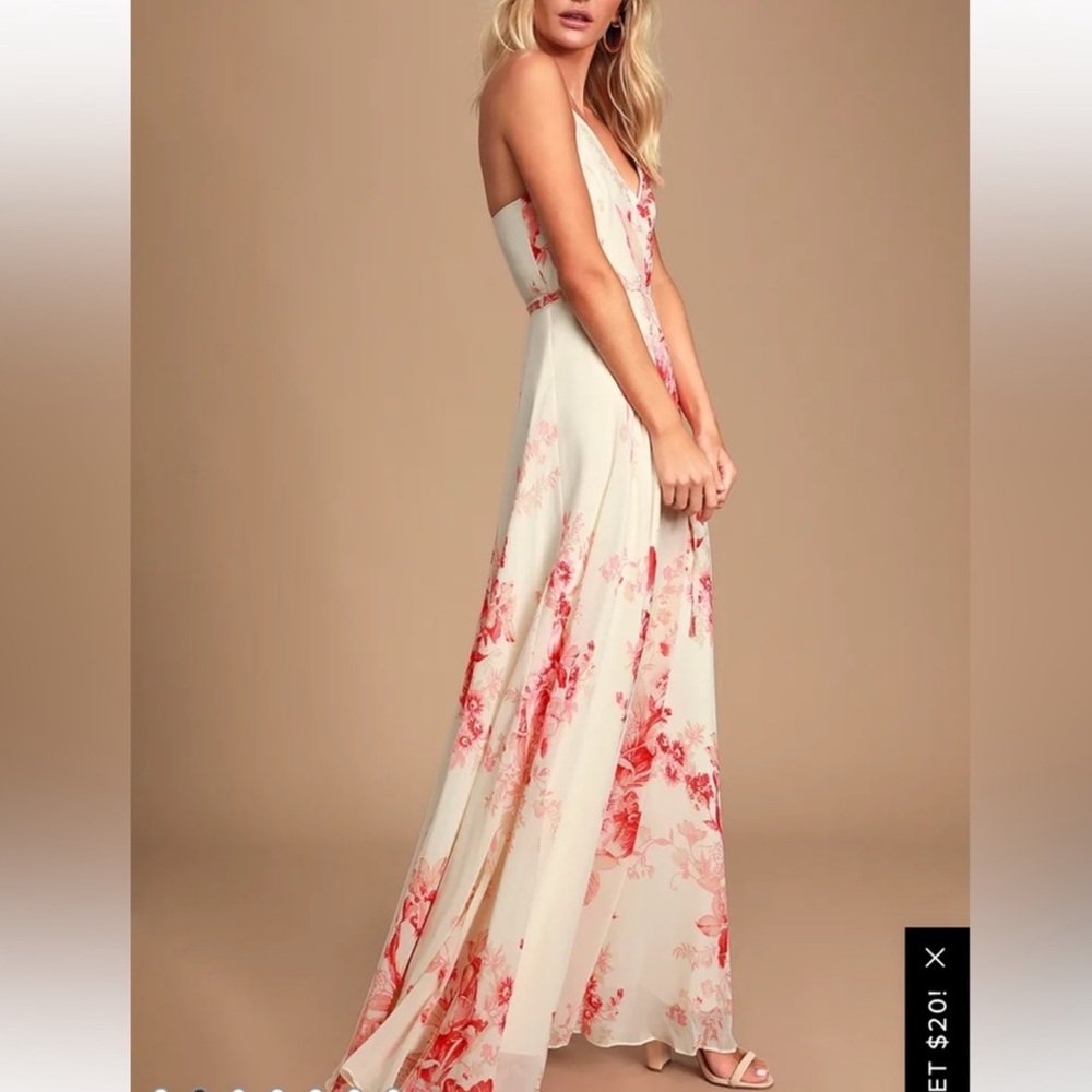 NWT Lulus Elegantly Inclined Wrap Maxi Dress Coral Red Floral - Picture 2 of 8